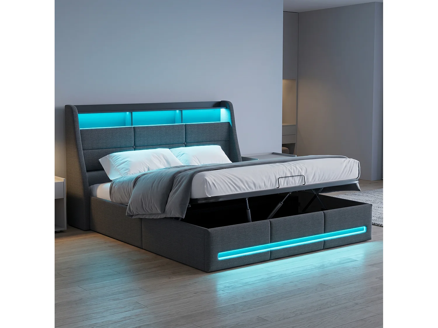 Lit coffre 140 x 190 cm - avec rangement hydraulique + bande LED RGB - lin - gris