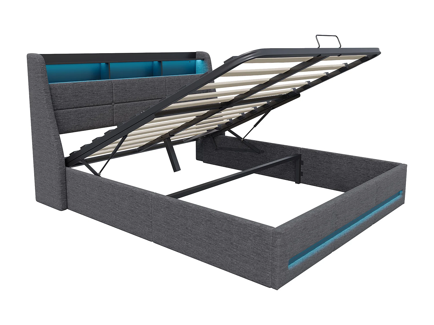 Cama de almacenamiento tapizada 140x190 cm con cabecero LED y elevación hidráulica - Lino - Gris