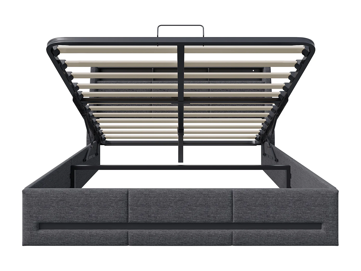 Cama de almacenamiento tapizada 140x190 cm con cabecero LED y elevación hidráulica - Lino - Gris