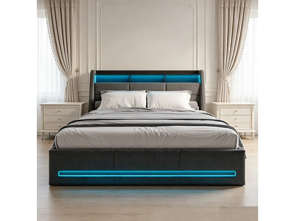 Lit coffre 140 x 190 cm - avec rangement hydraulique + bande LED RGB - lin - gris