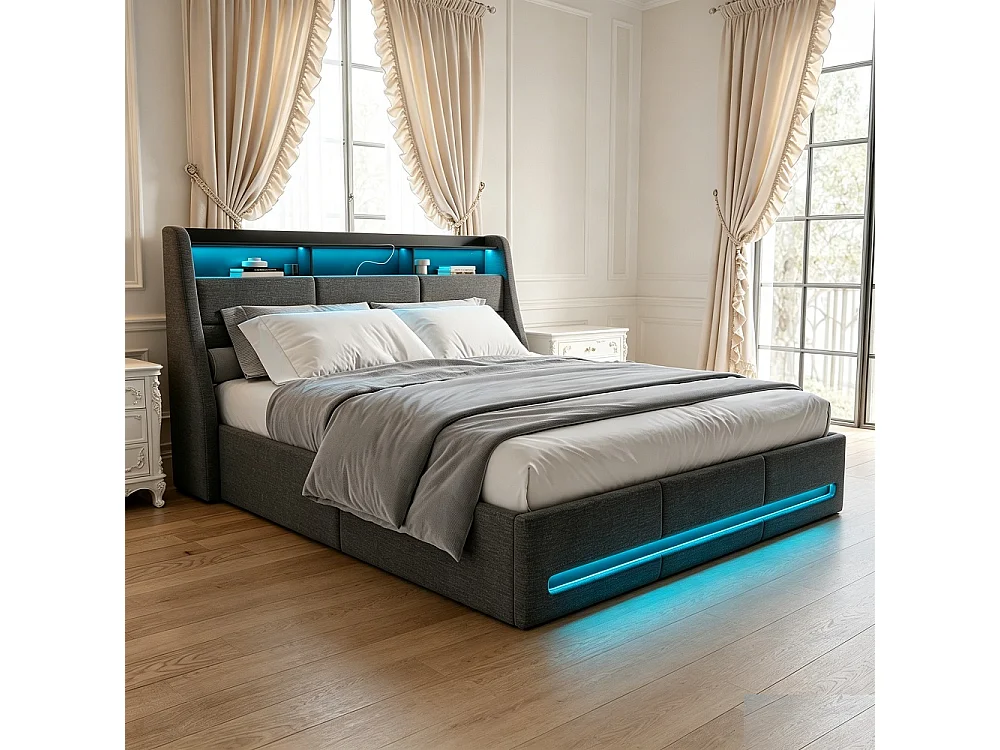 Lit coffre 140 x 190 cm - avec rangement hydraulique + bande LED RGB - lin - gris