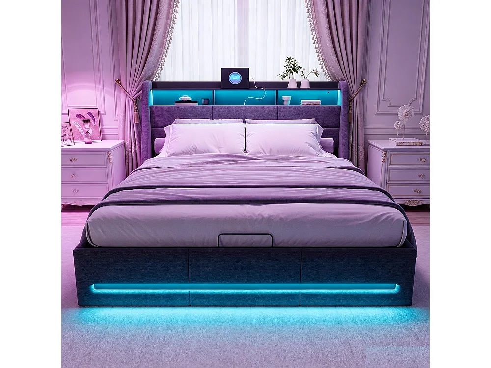 Lit coffre 140 x 190 cm - avec rangement hydraulique + bande LED RGB - lin - gris