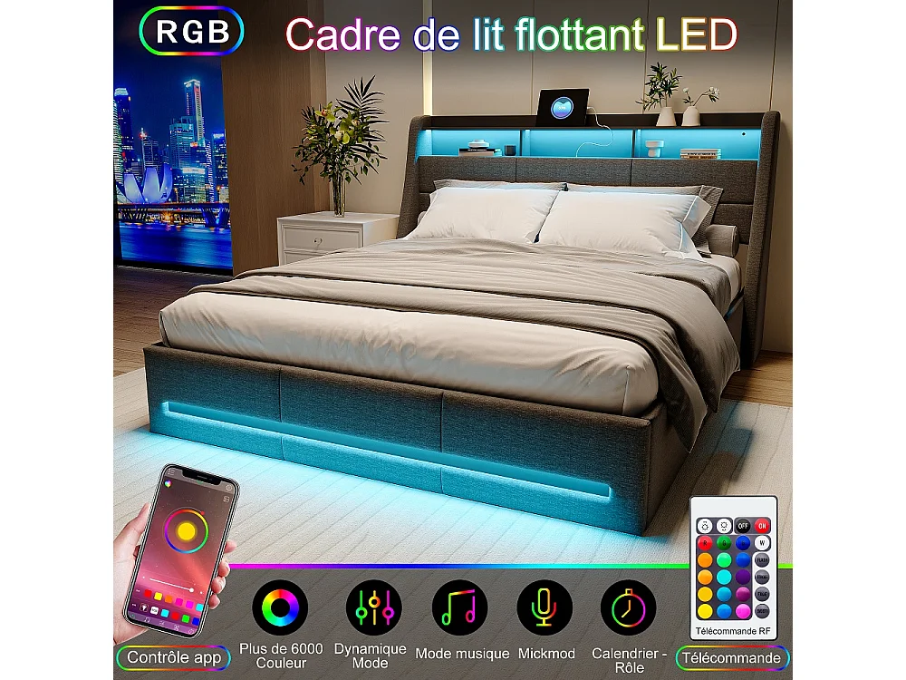 Lit coffre 140 x 190 cm - avec rangement hydraulique + bande LED RGB - lin - gris