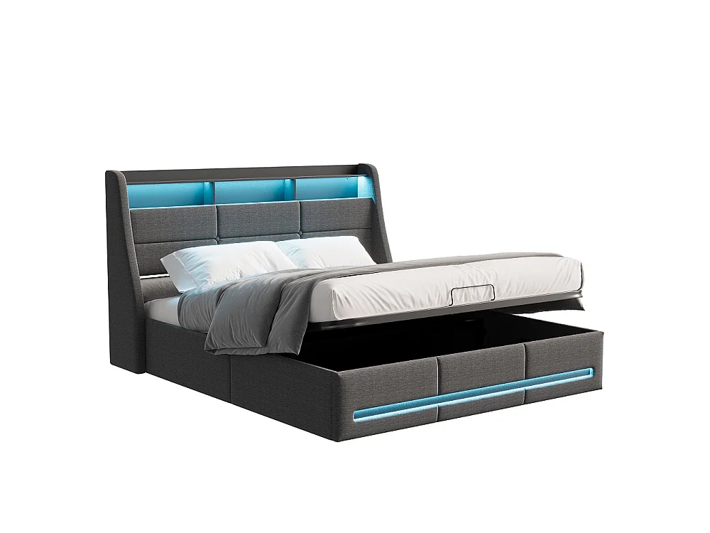 Lit coffre 140 x 190 cm - avec rangement hydraulique + bande LED RGB - lin - gris
