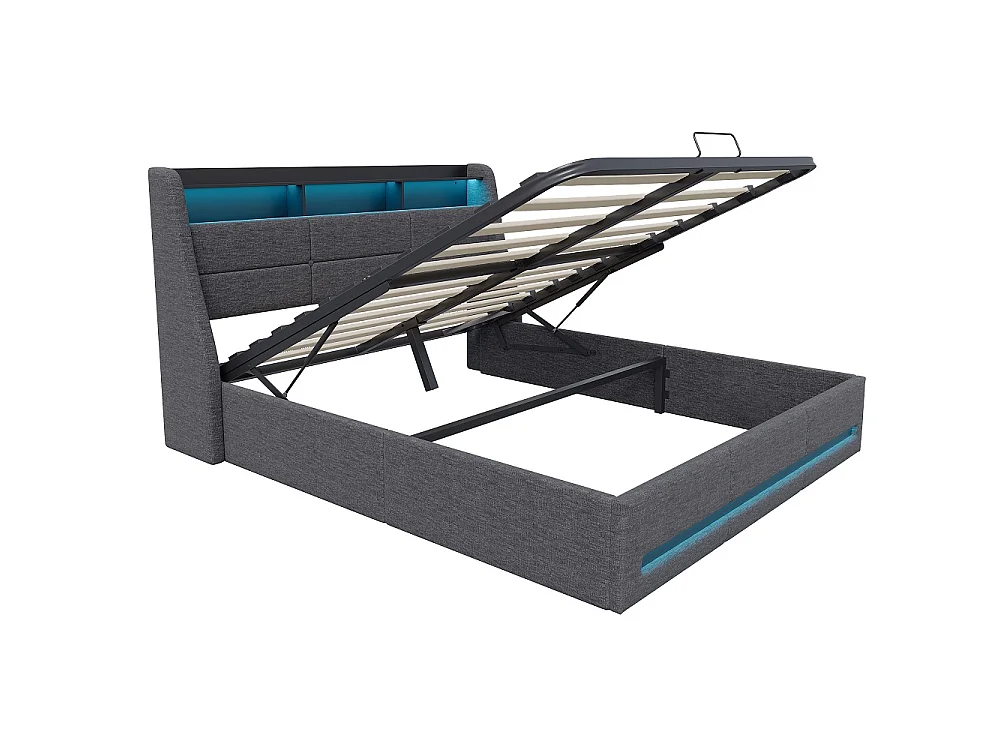 Lit coffre 140 x 190 cm - avec rangement hydraulique + bande LED RGB - lin - gris