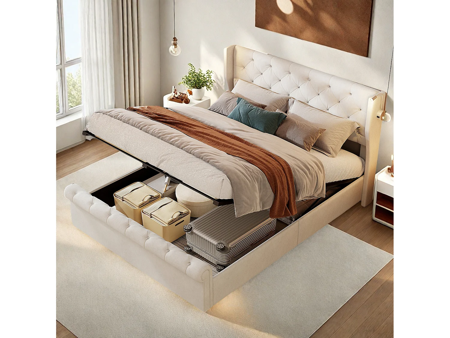 Lit coffre adulte 140x190 cm - Lit adulte en tissu velours beige - Lit double capitonné avec sommier à Lattes - Lampe de Lecture et USB