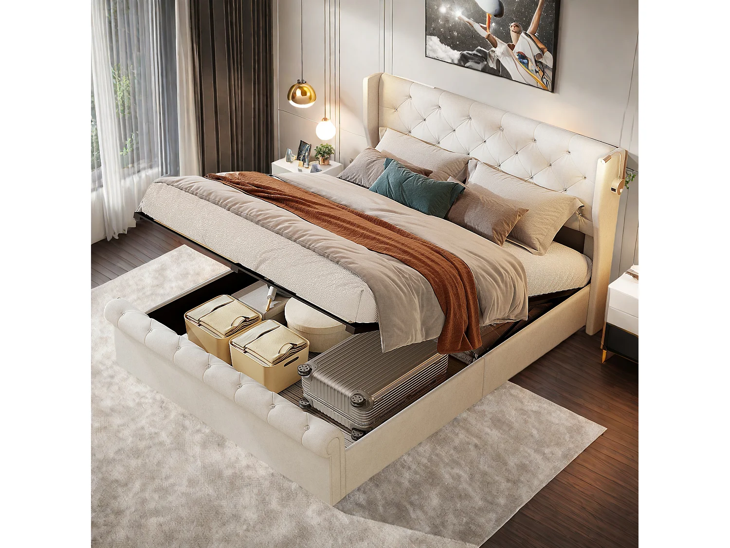 Lit coffre adulte 140x190 cm - Lit adulte en tissu velours beige - Lit double capitonné avec sommier à Lattes - Lampe de Lecture et USB