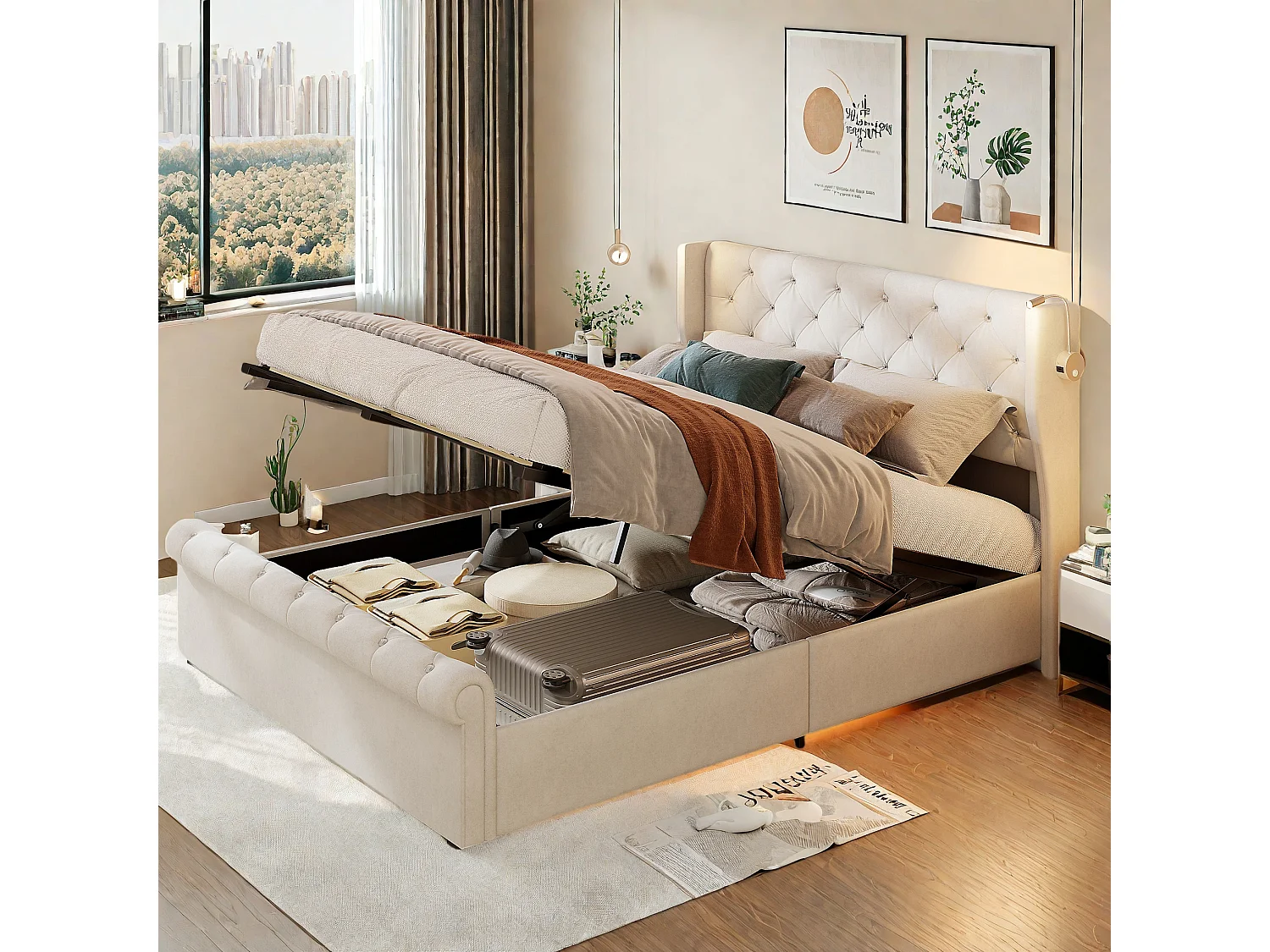 Lit coffre adulte 140x190 cm - Lit adulte en tissu velours beige - Lit double capitonné avec sommier à Lattes - Lampe de Lecture et USB