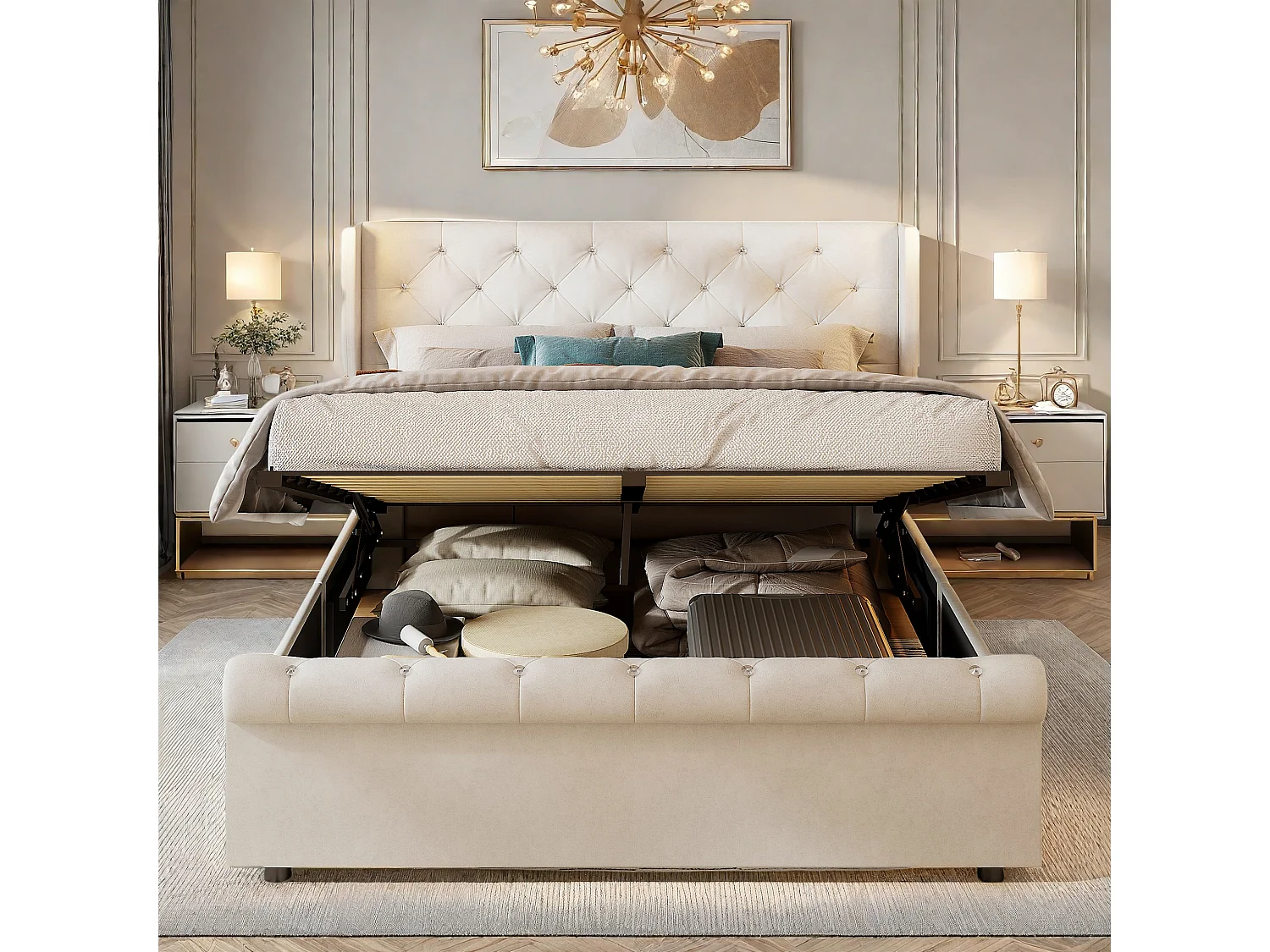 Lit coffre adulte 140x190 cm - Lit adulte en tissu velours beige - Lit double capitonné avec sommier à Lattes - Lampe de Lecture et USB