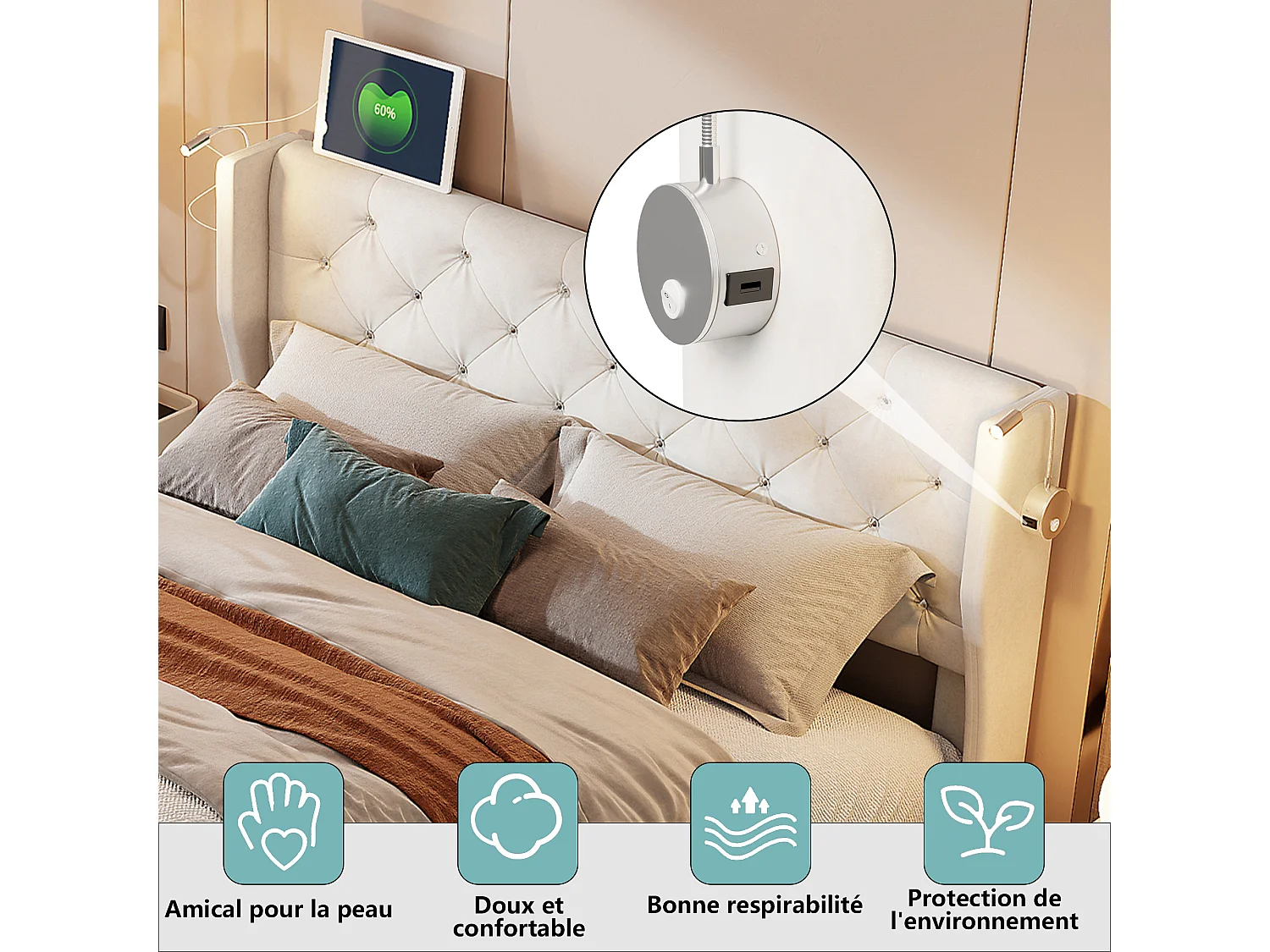 Lit coffre adulte 140x190 cm - Lit adulte en tissu velours beige - Lit double capitonné avec sommier à Lattes - Lampe de Lecture et USB