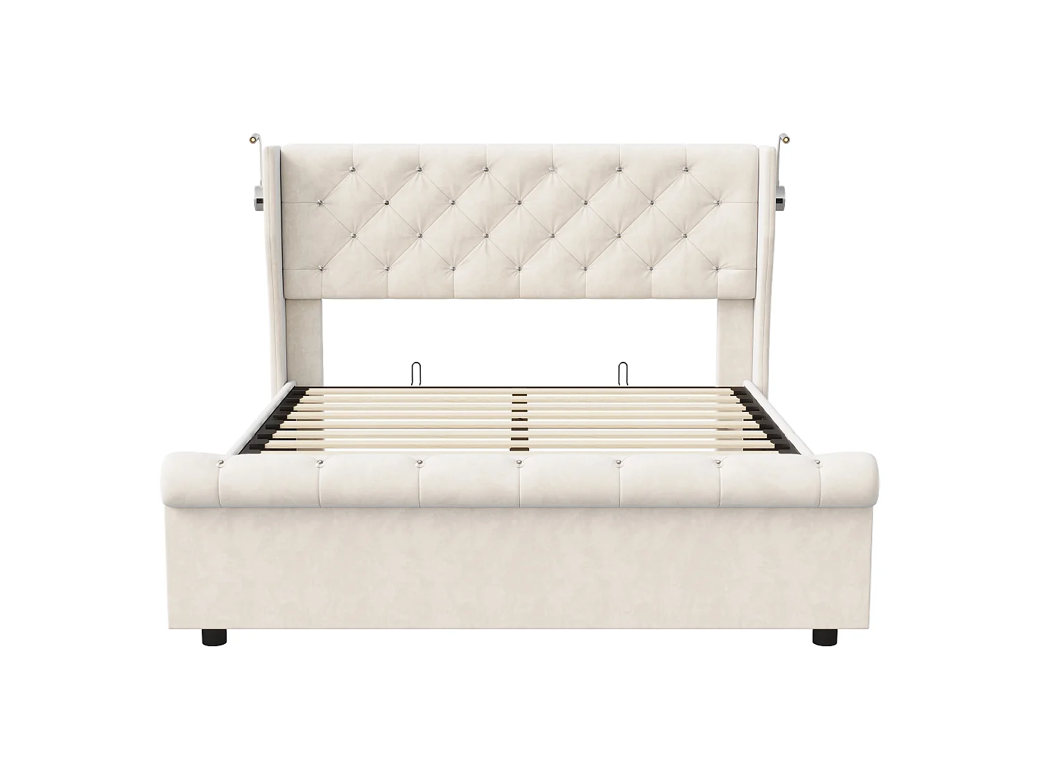 Lit coffre adulte 140x190 cm - Lit adulte en tissu velours beige - Lit double capitonné avec sommier à Lattes - Lampe de Lecture et USB