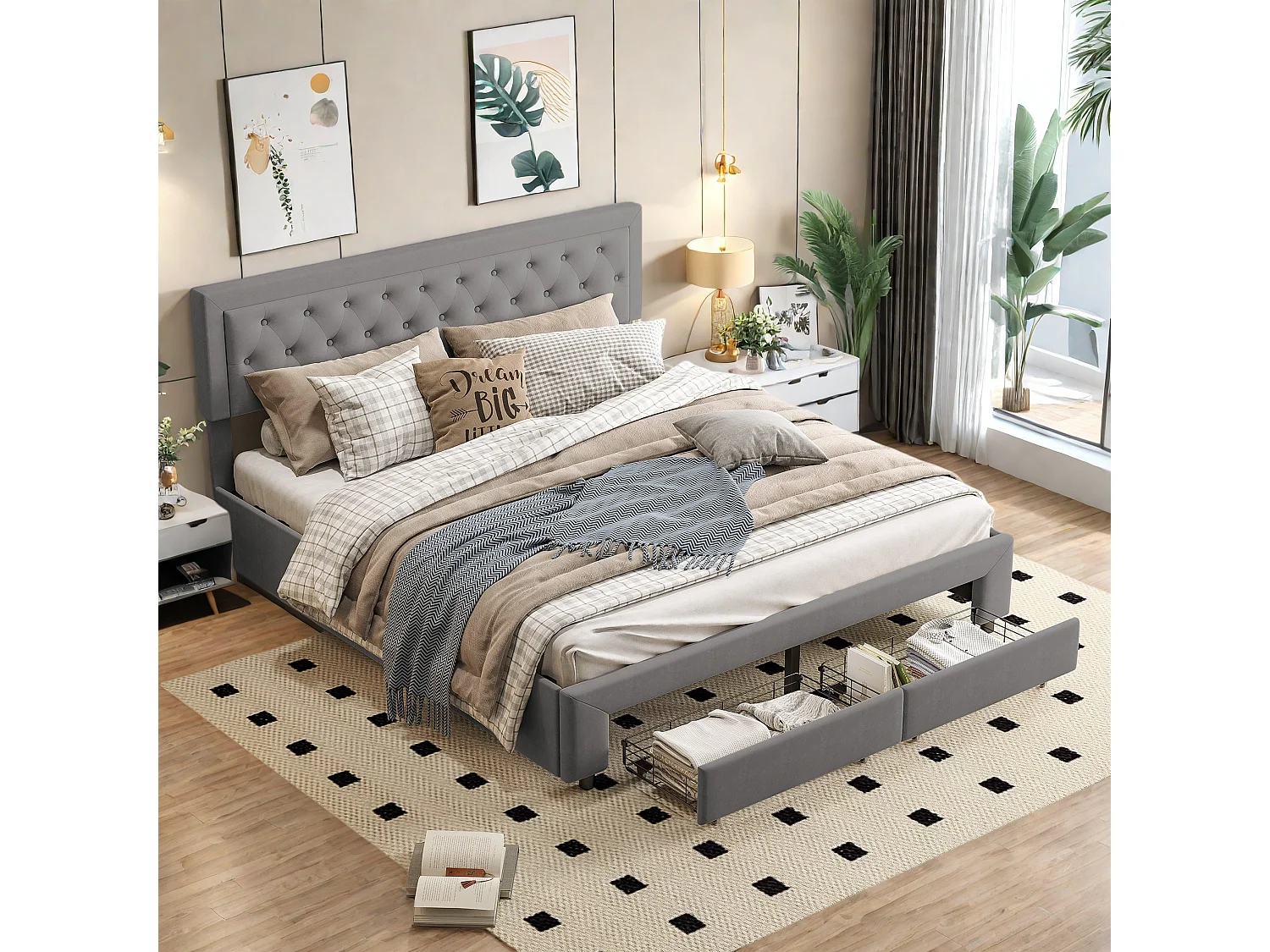 Łóżko z pojemnikiem dla dorosłych 160x200 cm w szarym welurze z stelażem na listwach, 2 szuflady do przechowywania, elegancki styl skandynawski