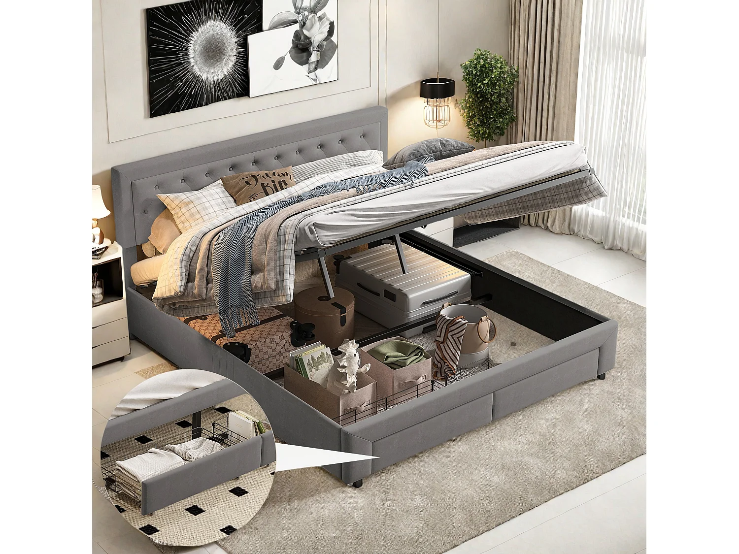 Bett mit Stauraum für Erwachsene 160x200 cm in grauem Samt mit Lattenrost, 2 Aufbewahrungsschubladen, eleganter skandinavischer Stil