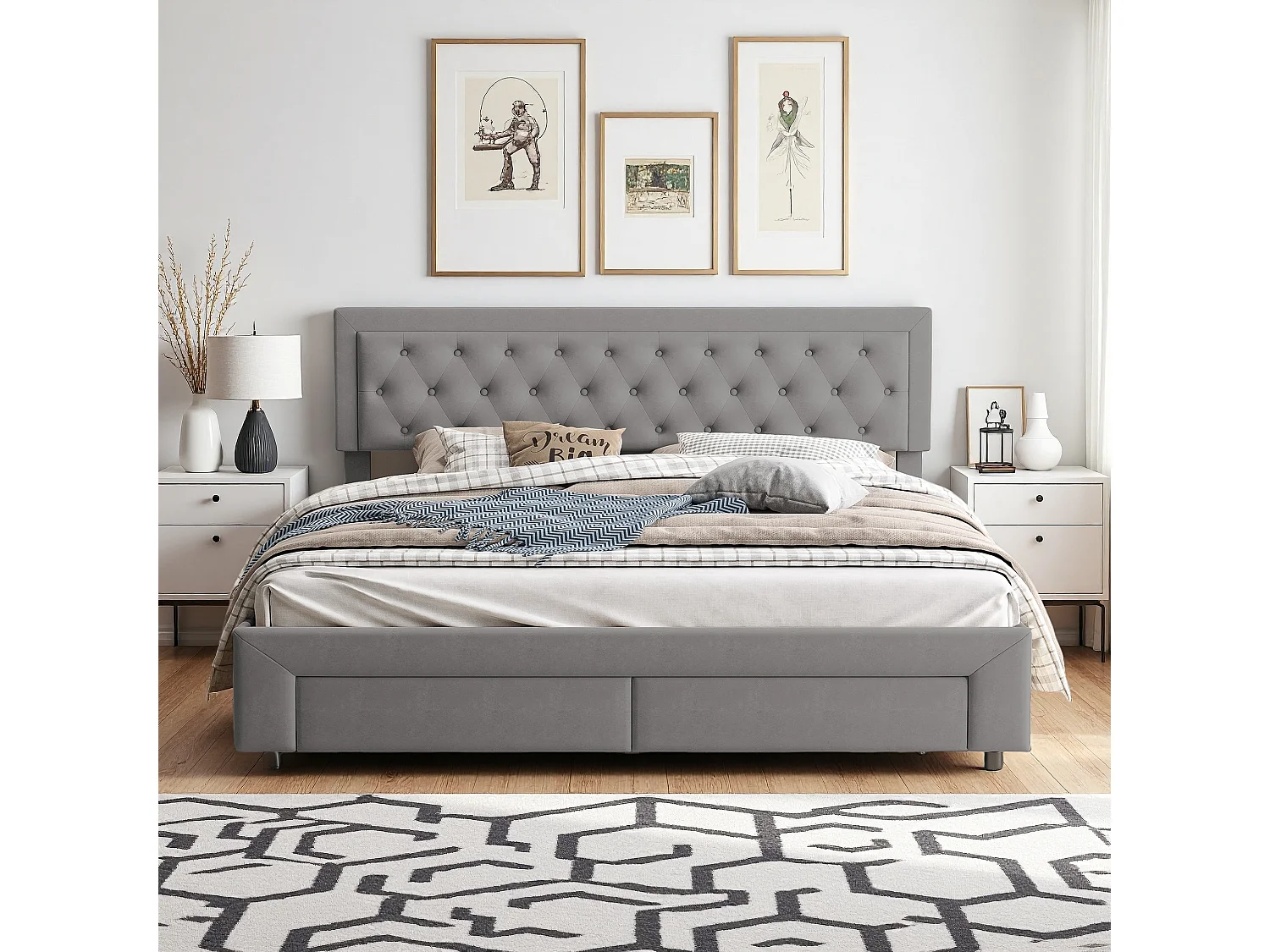 Bett mit Stauraum für Erwachsene 160x200 cm in grauem Samt mit Lattenrost, 2 Aufbewahrungsschubladen, eleganter skandinavischer Stil