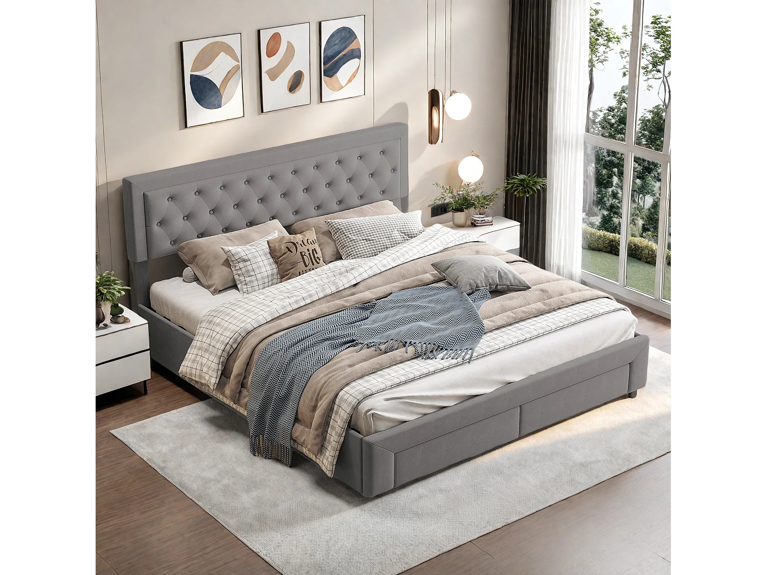 Bett mit Stauraum für Erwachsene 160x200 cm in grauem Samt mit Lattenrost, 2 Aufbewahrungsschubladen, eleganter skandinavischer Stil