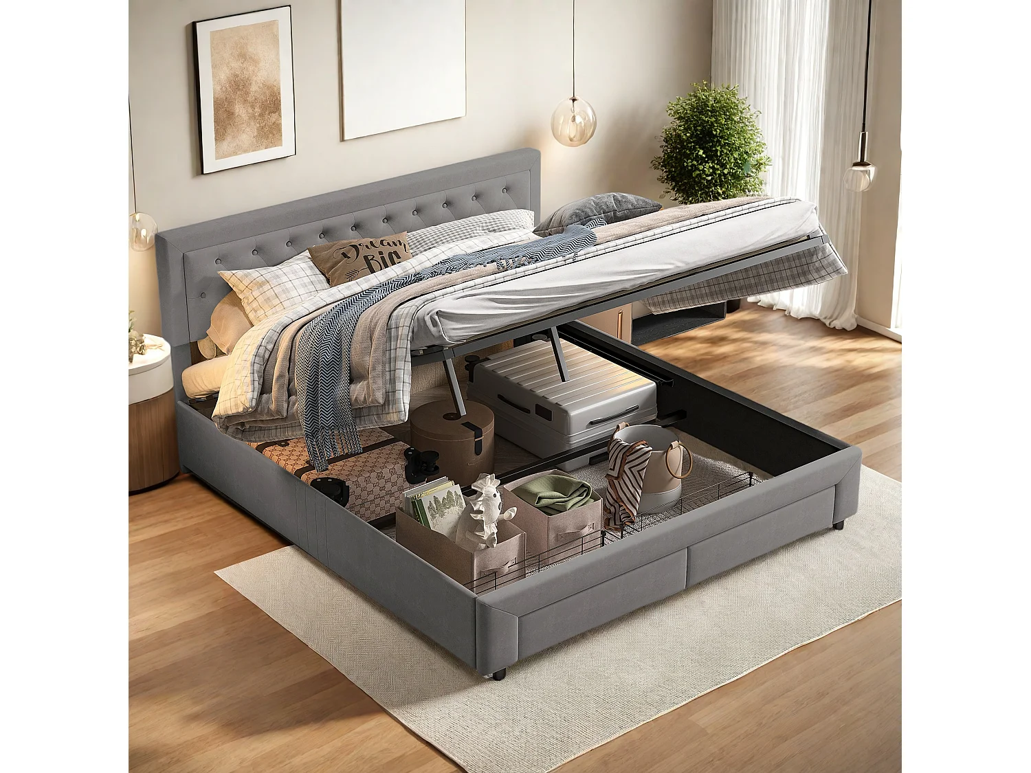 Bett mit Stauraum für Erwachsene 160x200 cm in grauem Samt mit Lattenrost, 2 Aufbewahrungsschubladen, eleganter skandinavischer Stil