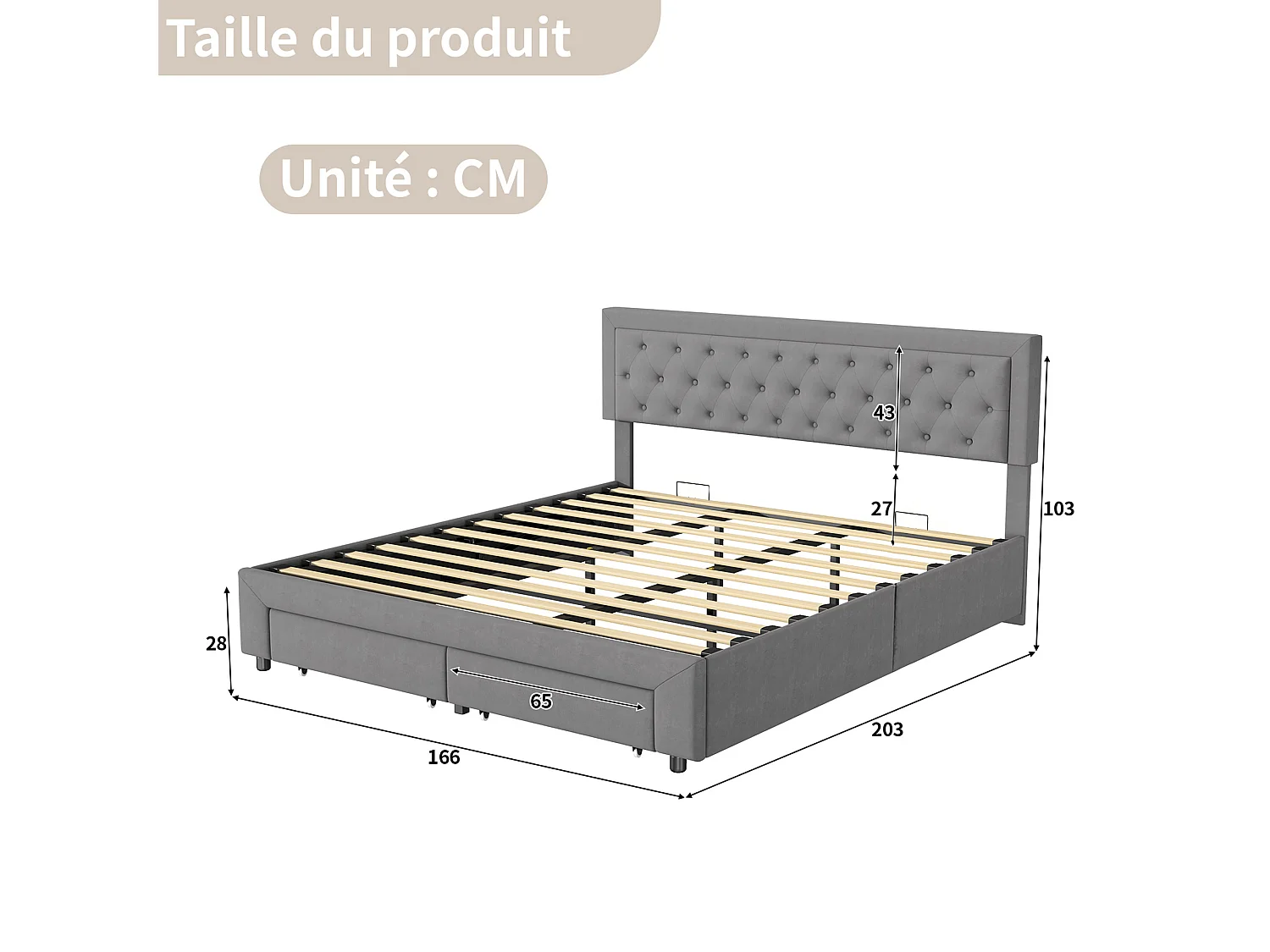 Bett mit Stauraum für Erwachsene 160x200 cm in grauem Samt mit Lattenrost, 2 Aufbewahrungsschubladen, eleganter skandinavischer Stil