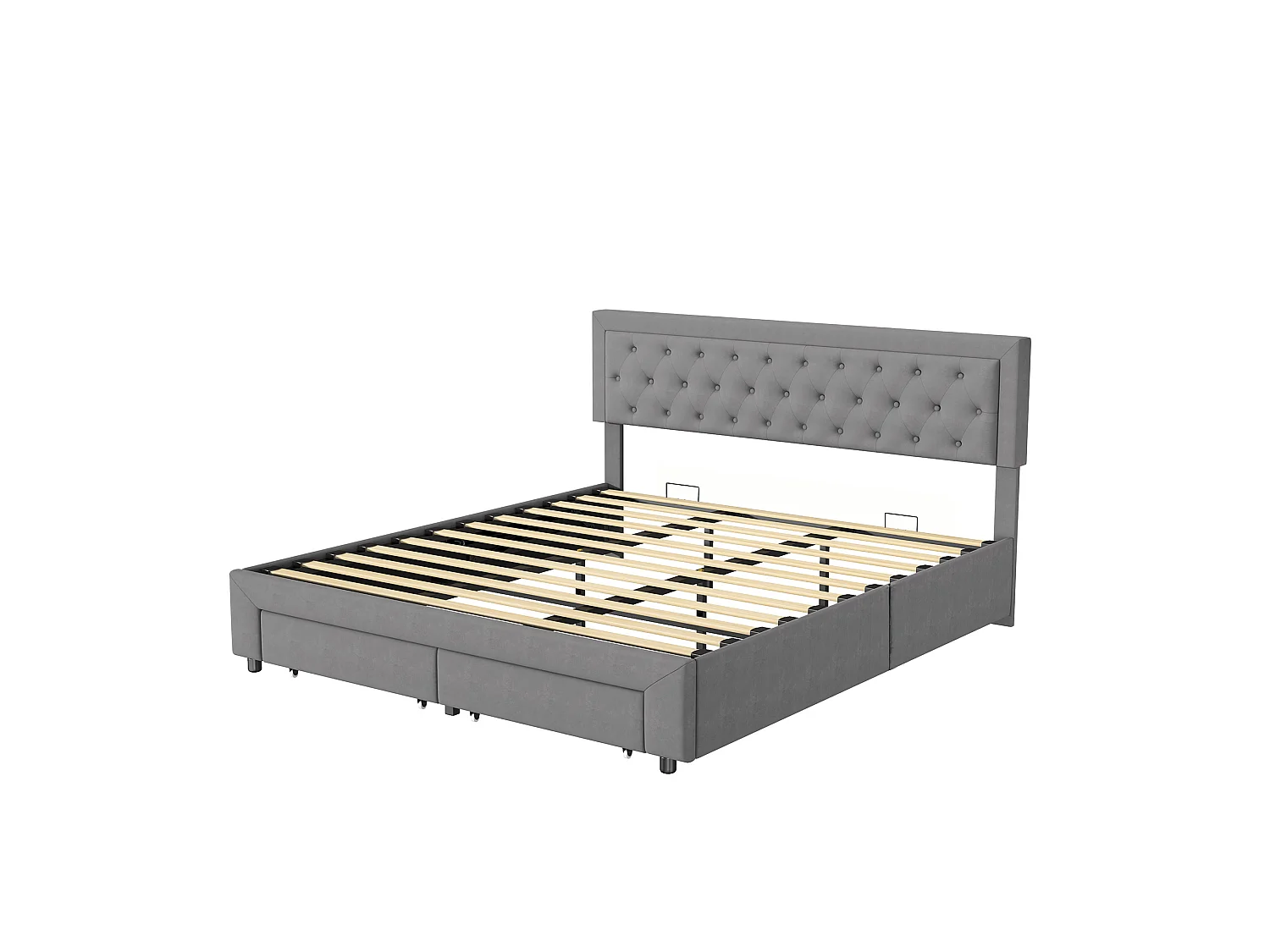 Bett mit Stauraum für Erwachsene 160x200 cm in grauem Samt mit Lattenrost, 2 Aufbewahrungsschubladen, eleganter skandinavischer Stil
