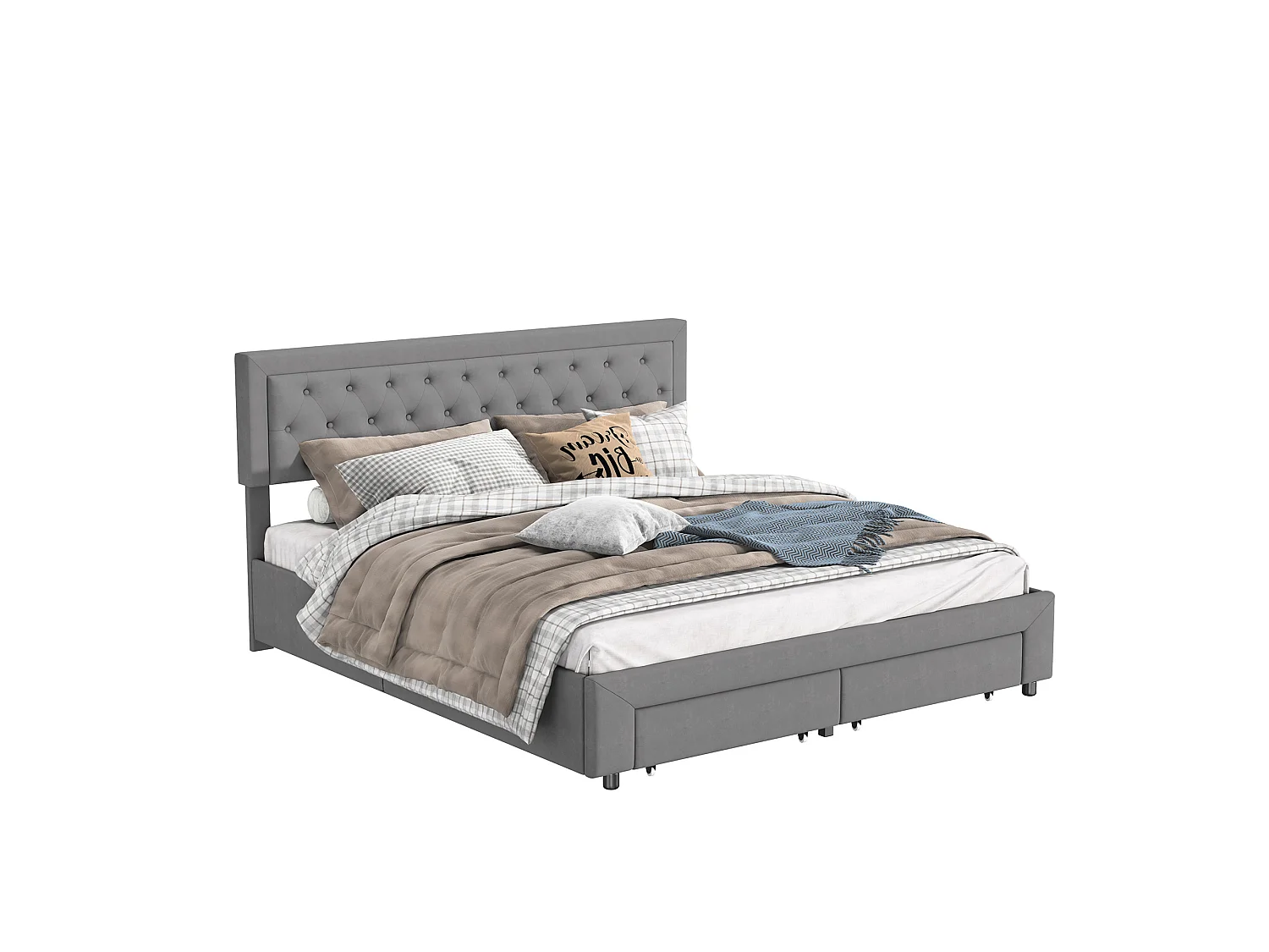 Bett mit Stauraum für Erwachsene 160x200 cm in grauem Samt mit Lattenrost, 2 Aufbewahrungsschubladen, eleganter skandinavischer Stil