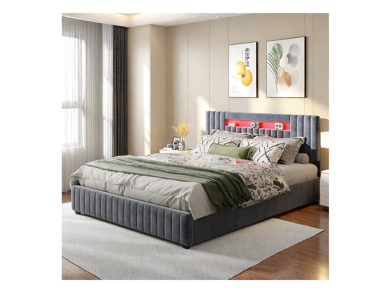 Lit coffre 140x200 cm en tissu velours - Lit double avec lumineuse LED - avec sommier à lattes - Coffre de lit - Sans matelas - Gris