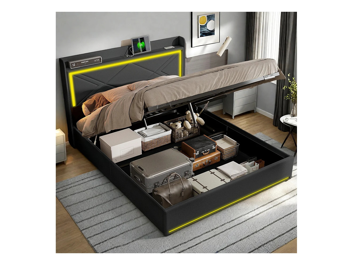 Lit coffre 160x200 cm en similicuir pu avec LED - Lit Capitonné avec ports USB et Type C - Sommier à lattes - Noir - Sans matelas