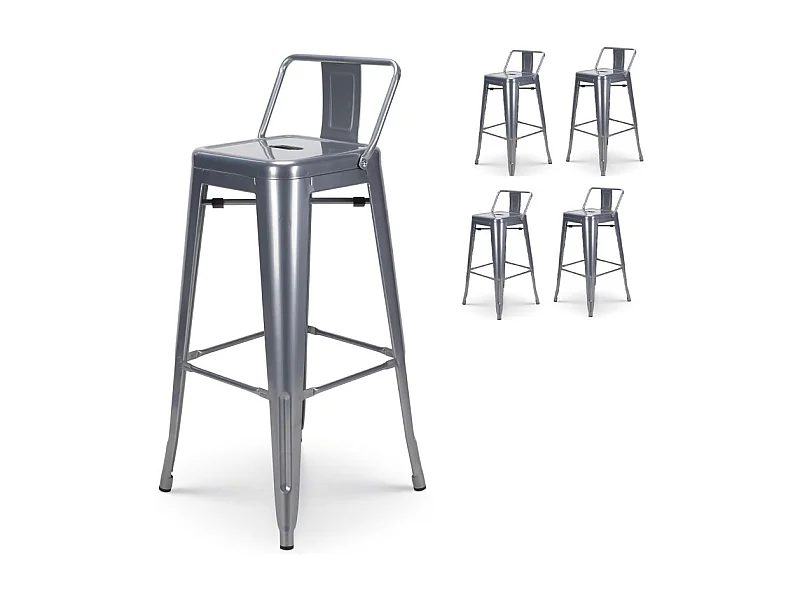 Lot de 4 tabourets de bar en métal silver avec dossier - Hauteur 76 cm