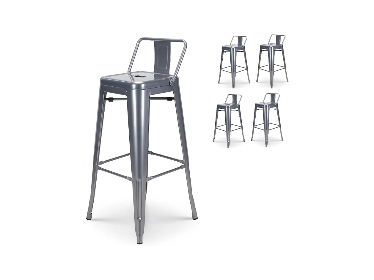 Lot de 4 tabourets de bar en métal silver avec dossier - Hauteur 76 cm