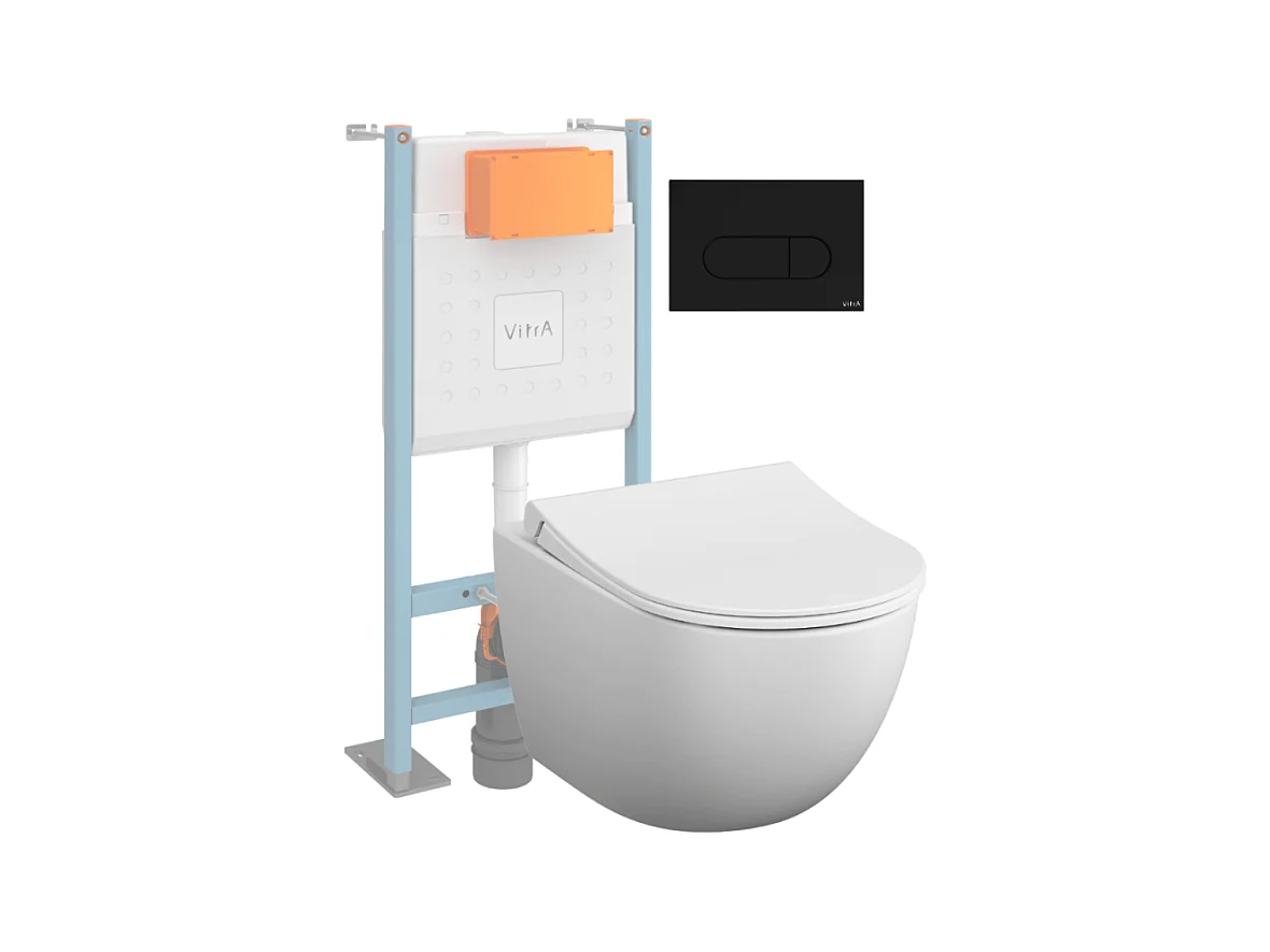 Pack WC suspendu VITRA Sento blanc mat + bâti autoportant V-Fix Core + Plaque Round noir mat