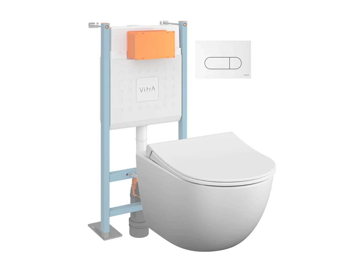 Pack WC suspendu VitrA Sento blanc mat + bâti autoportant V-Fix Core + Plaque Round Blanche