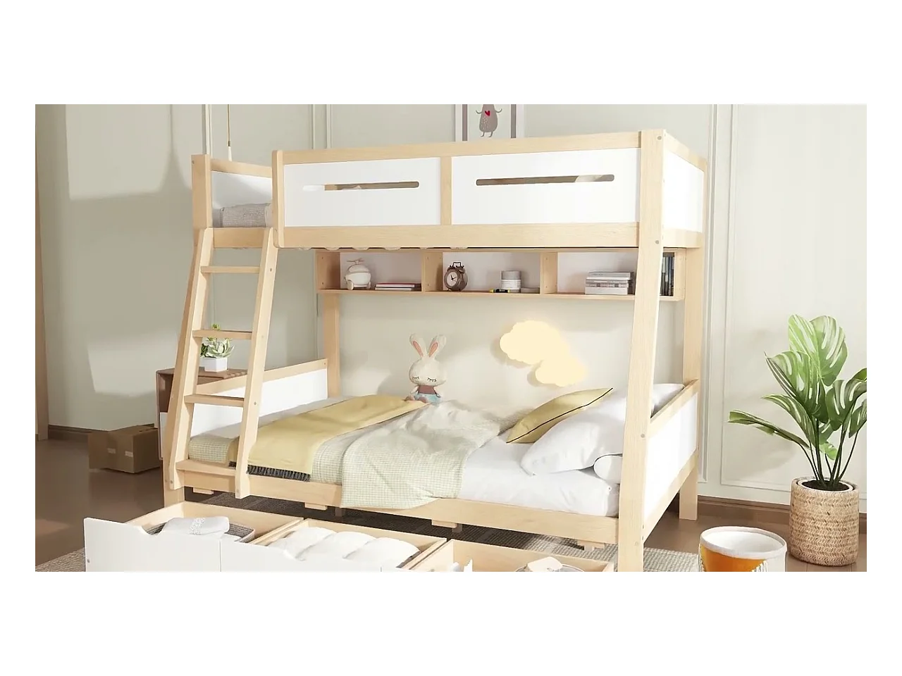 Lit superposé en bois 90x200cm + 120x200cm - avec échelle et 3 tiroirs - Blanc + Naturel (sans matelas)