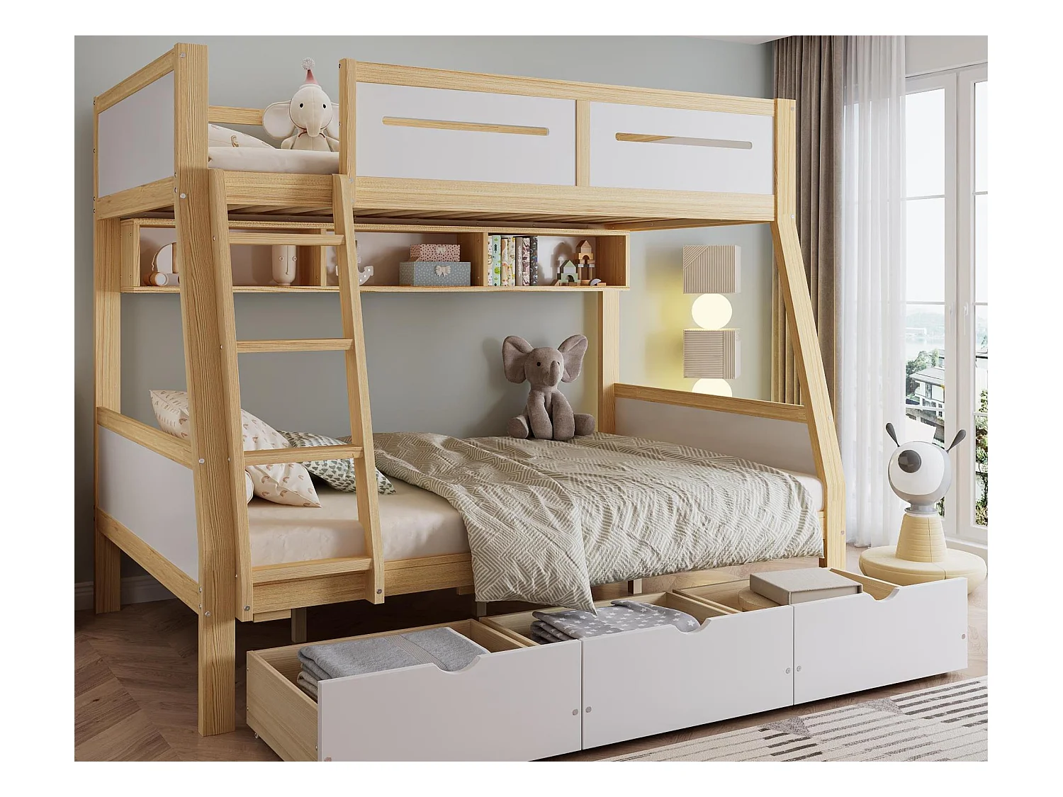 Lit superposé en bois 90x200cm + 120x200cm - avec échelle et 3 tiroirs - Blanc + Naturel (sans matelas)