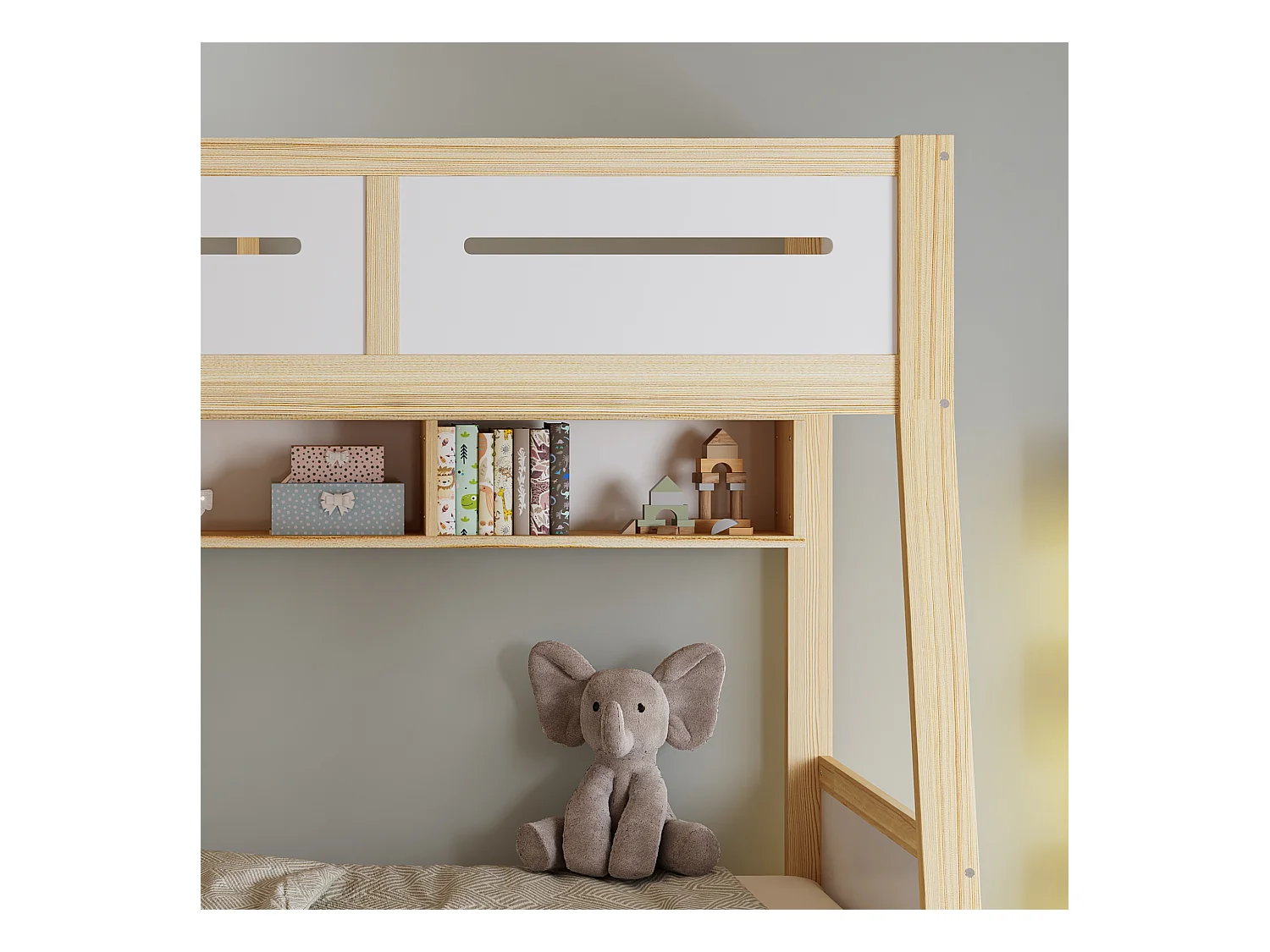 Lit superposé en bois 90x200cm + 120x200cm - avec échelle et 3 tiroirs - Blanc + Naturel (sans matelas)