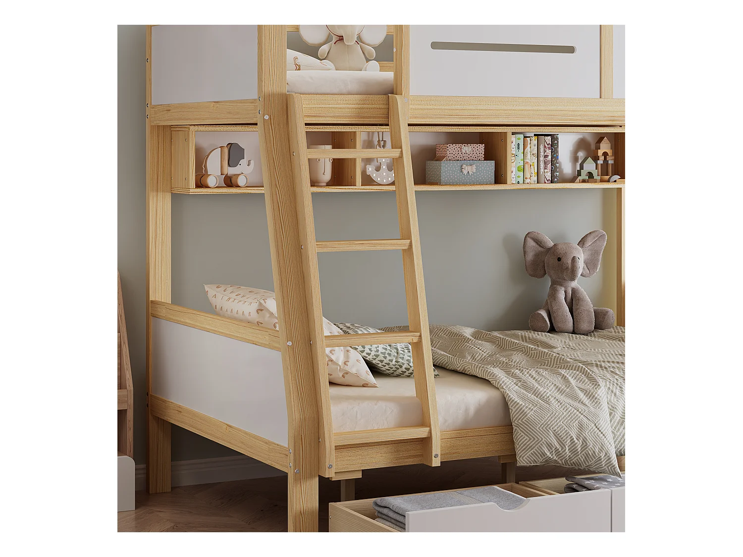 Lit superposé en bois 90x200cm + 120x200cm - avec échelle et 3 tiroirs - Blanc + Naturel (sans matelas)