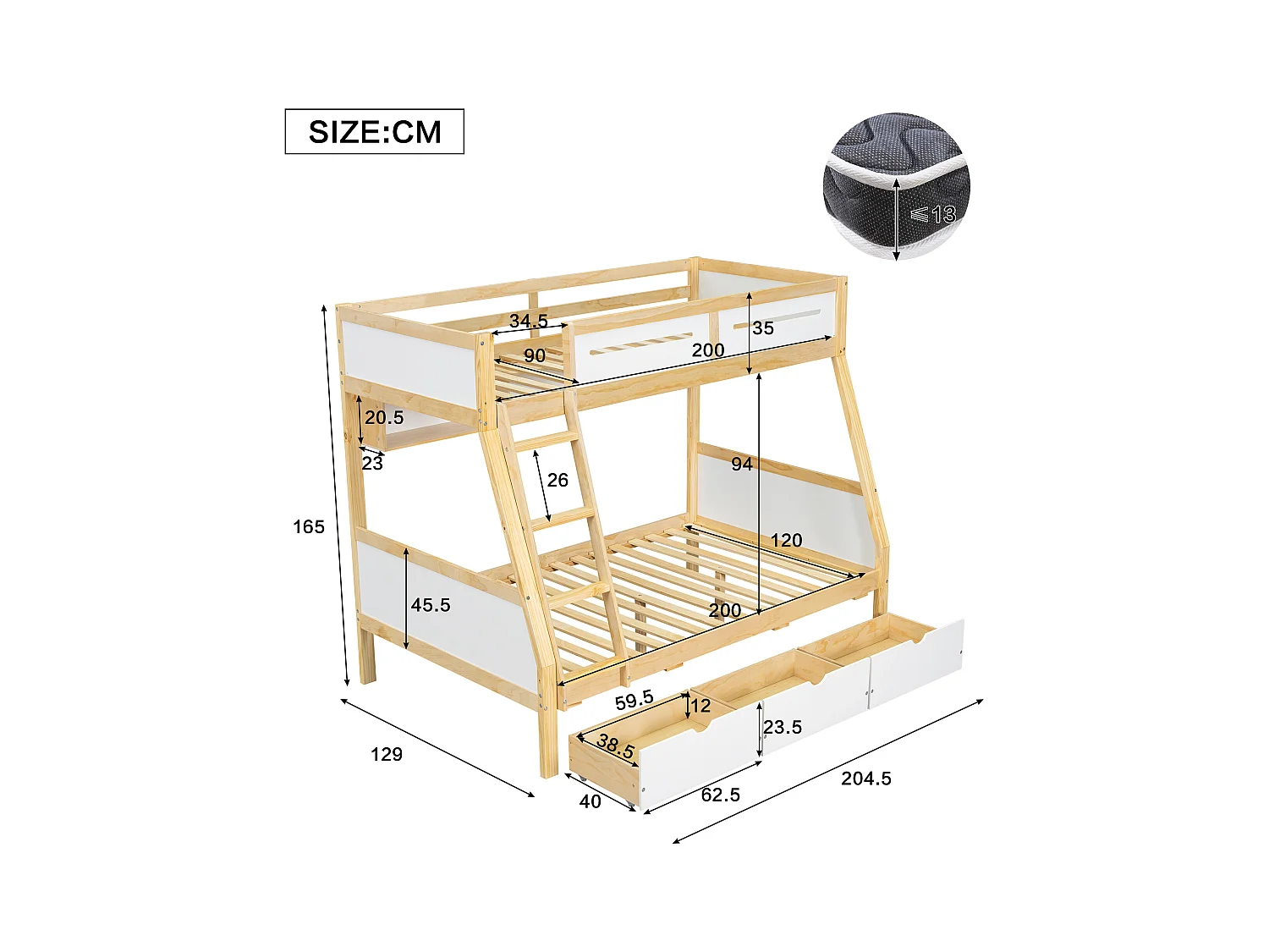 Lit superposé en bois 90x200cm + 120x200cm - avec échelle et 3 tiroirs - Blanc + Naturel (sans matelas)