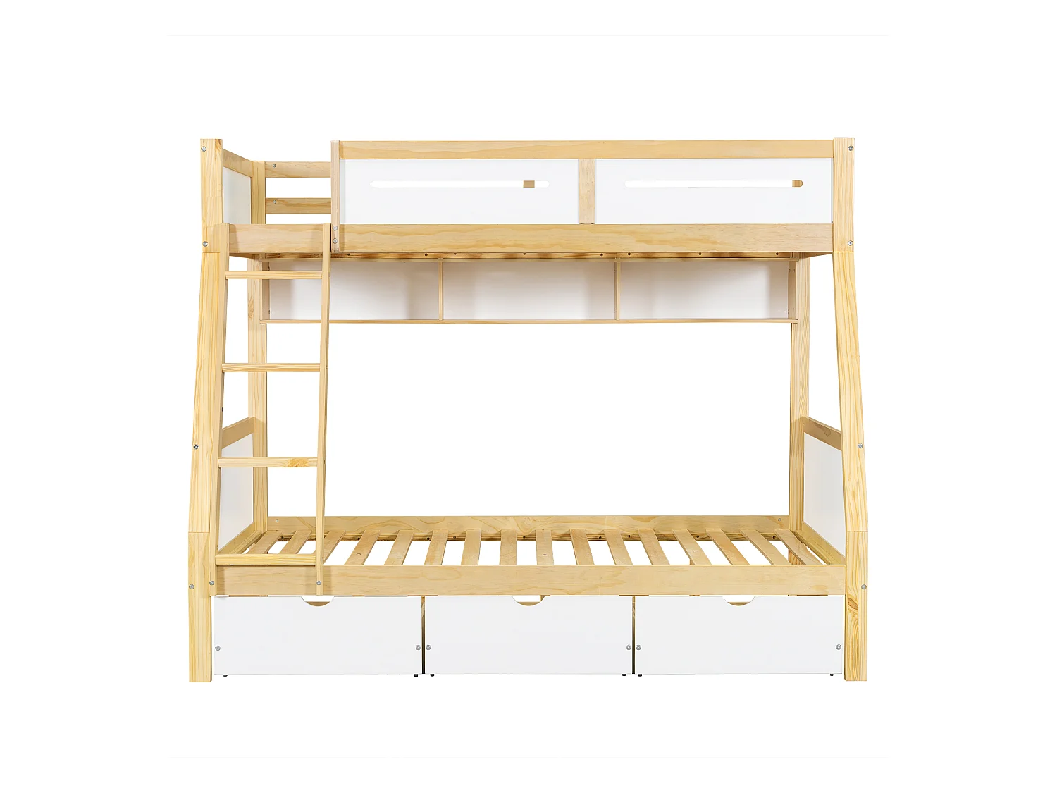 Lit superposé en bois 90x200cm + 120x200cm - avec échelle et 3 tiroirs - Blanc + Naturel (sans matelas)