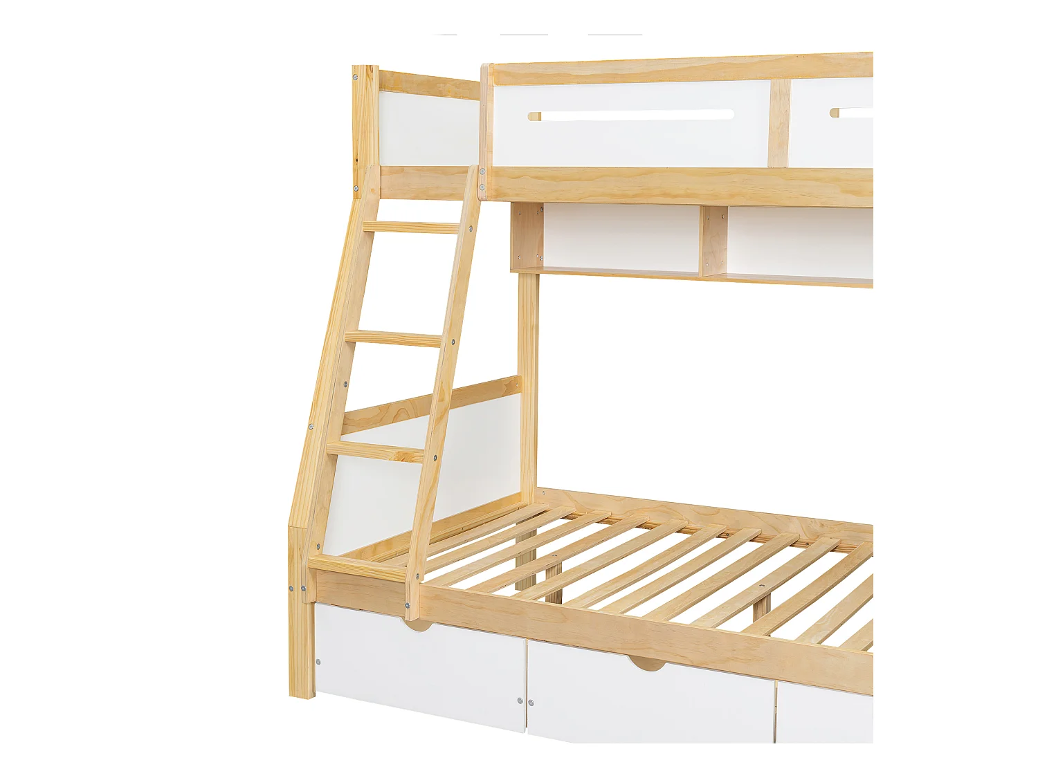 Lit superposé en bois 90x200cm + 120x200cm - avec échelle et 3 tiroirs - Blanc + Naturel (sans matelas)