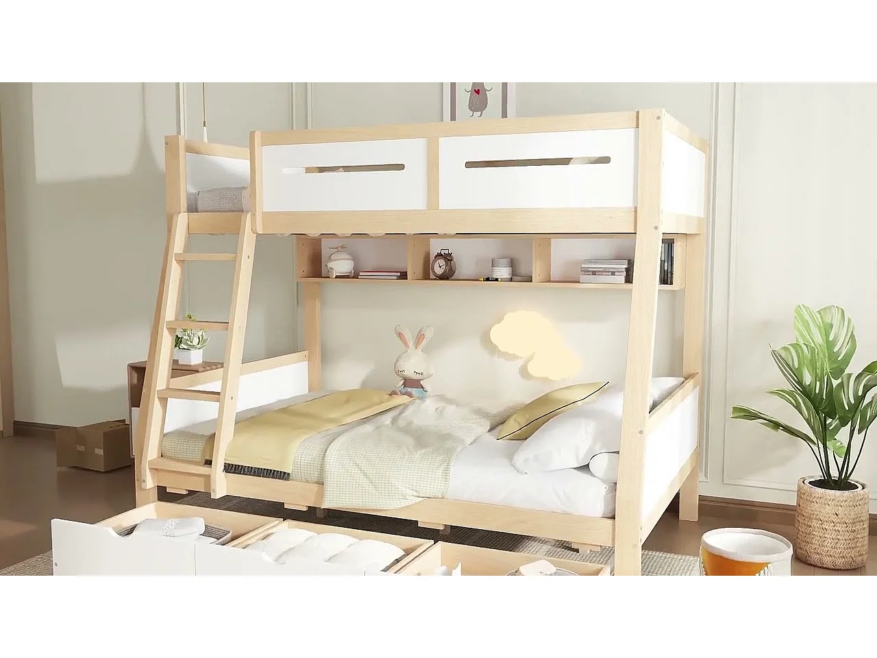 Lit superposé en bois 90x200cm + 120x200cm - avec échelle et 3 tiroirs - Blanc + Naturel (sans matelas)