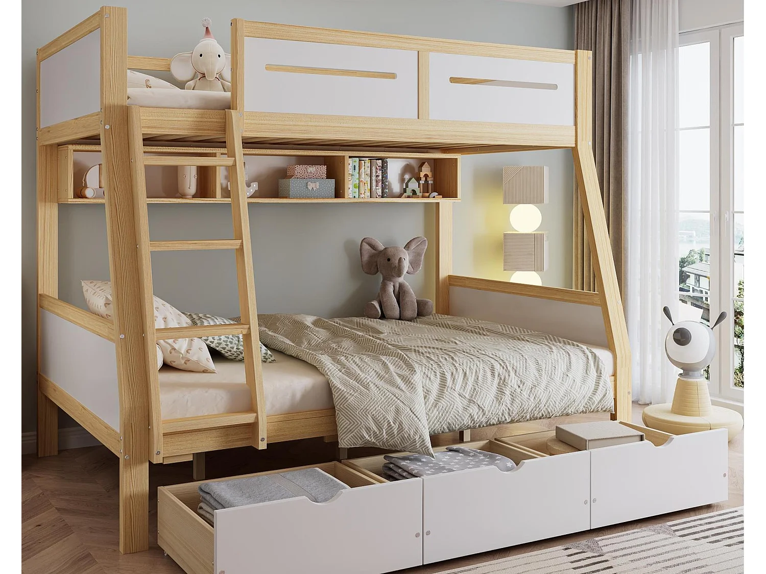 Lit superposé en bois 90x200cm + 120x200cm - avec échelle et 3 tiroirs - Blanc + Naturel (sans matelas)