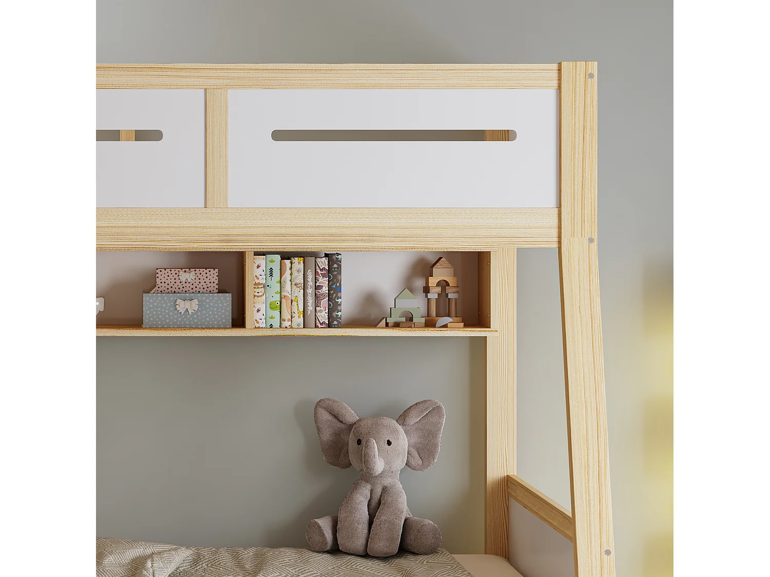 Lit superposé en bois 90x200cm + 120x200cm - avec échelle et 3 tiroirs - Blanc + Naturel (sans matelas)