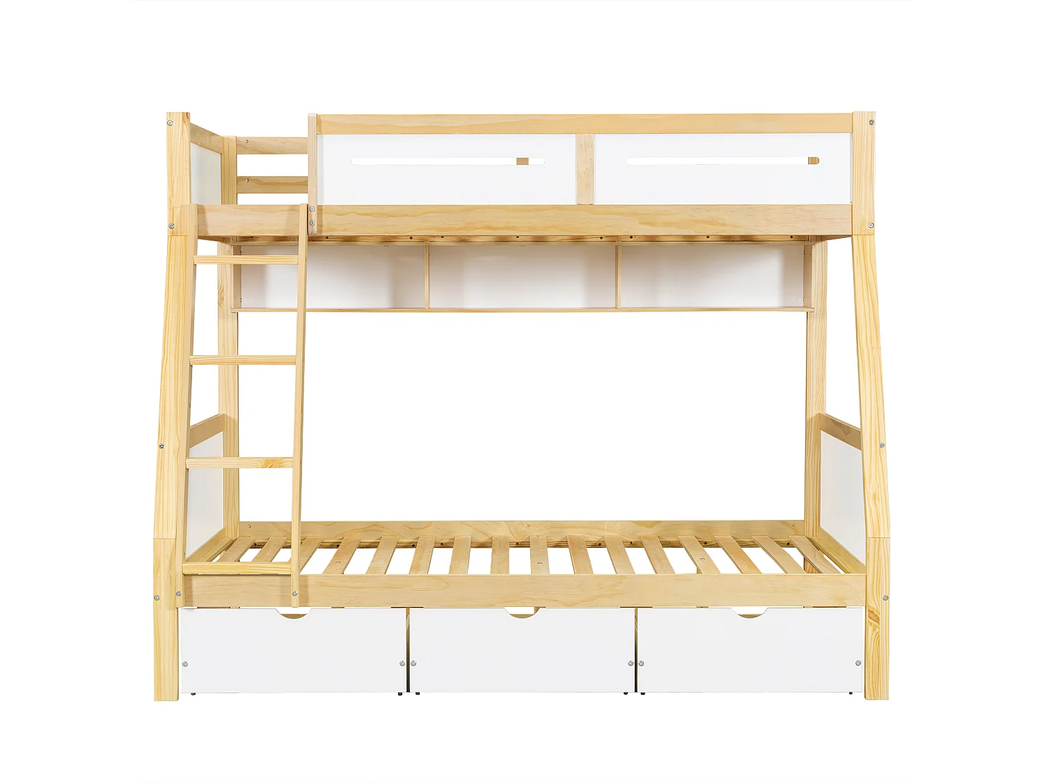 Lit superposé en bois 90x200cm + 120x200cm - avec échelle et 3 tiroirs - Blanc + Naturel (sans matelas)