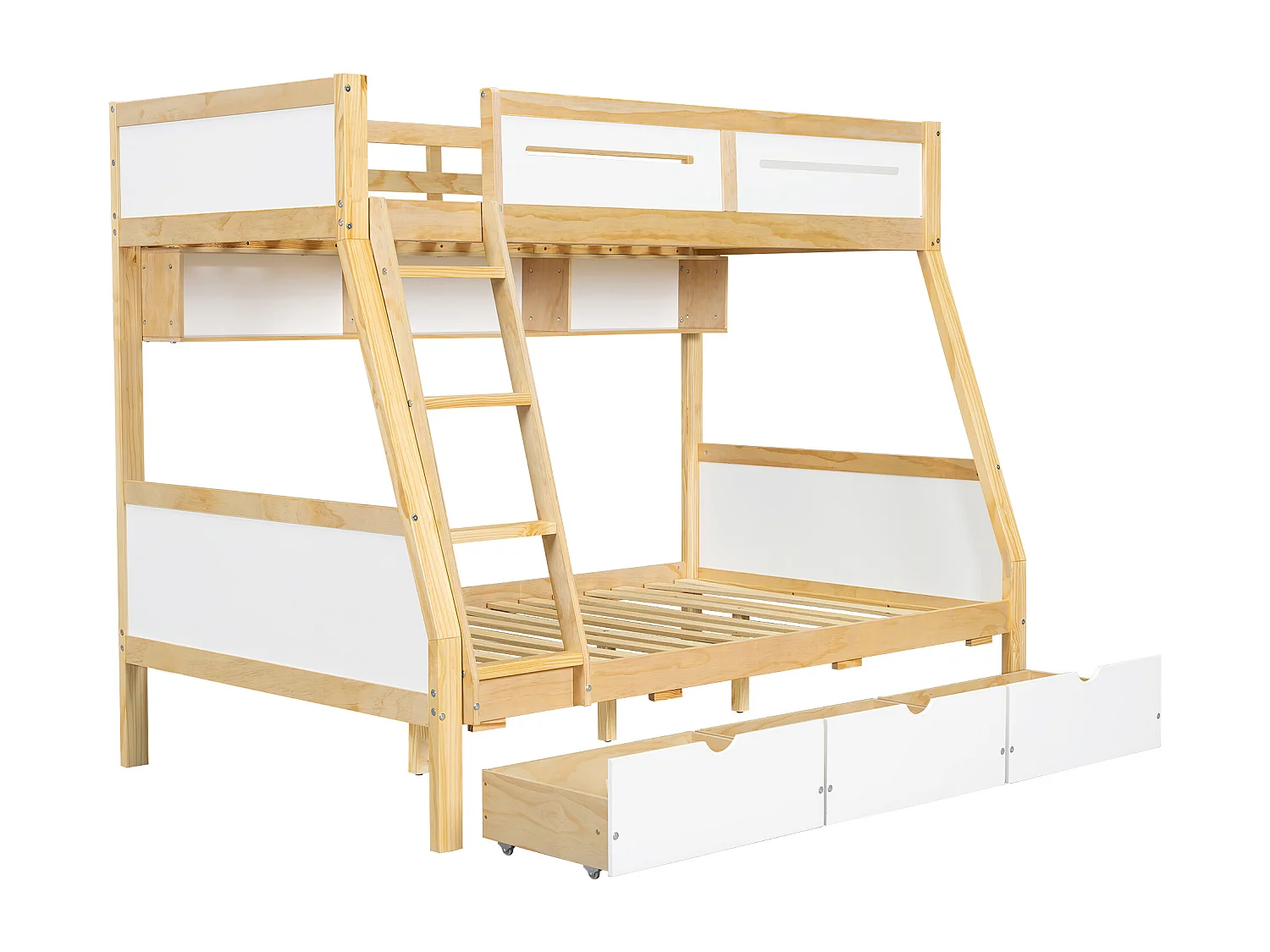 Lit superposé en bois 90x200cm + 120x200cm - avec échelle et 3 tiroirs - Blanc + Naturel (sans matelas)
