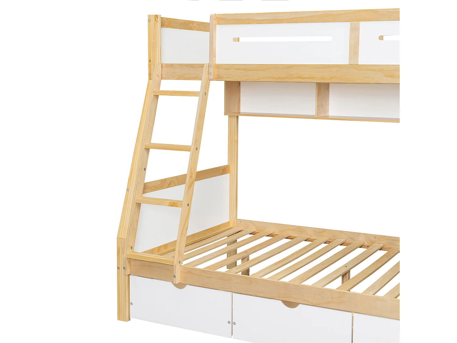 Lit superposé en bois 90x200cm + 120x200cm - avec échelle et 3 tiroirs - Blanc + Naturel (sans matelas)