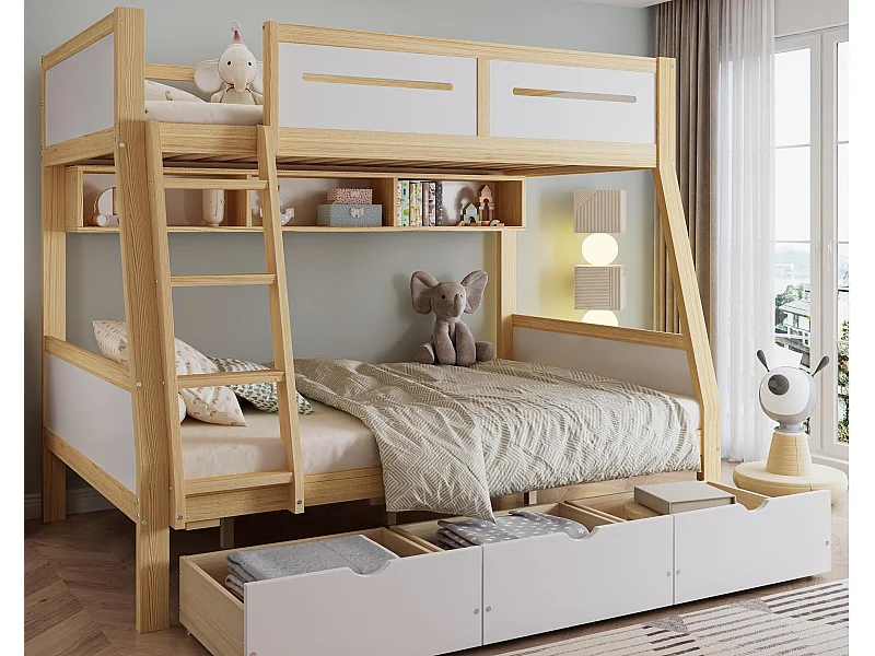 Letto a castello in legno 90×200 cm + 120×200 cm - con scala e 3 cassetti - bianco + naturale (senza materasso)