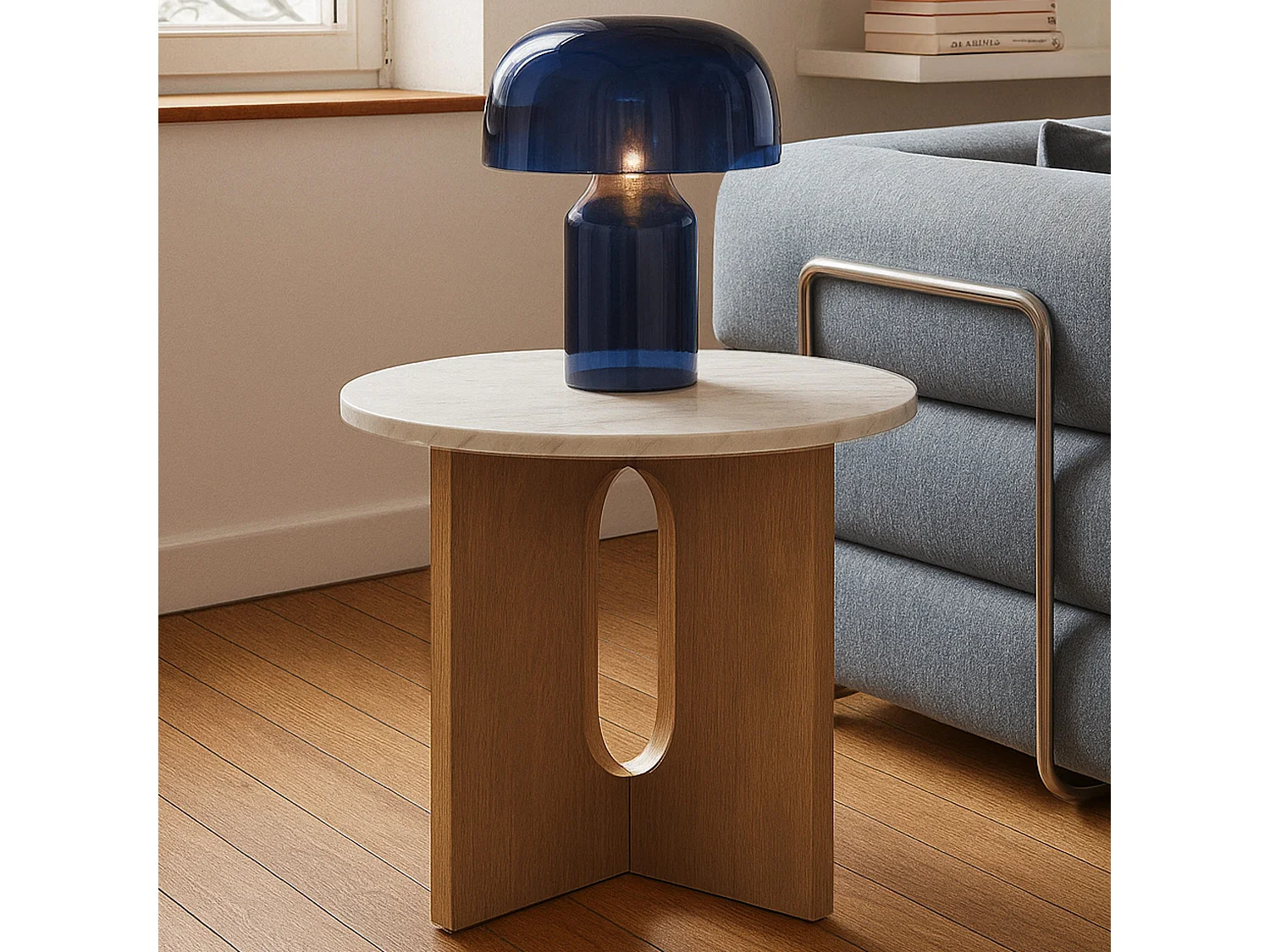 Table basse moderne ronde 50 cm effet marbre bois clair