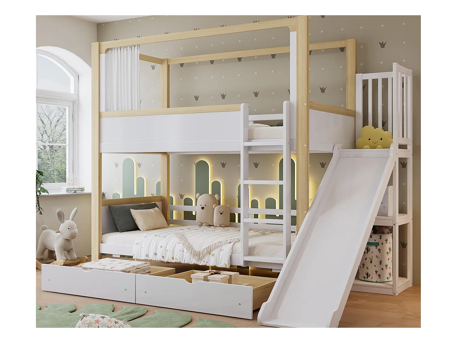 Lit superposé 90x200 cm - avec toboggan pour enfants - avec 2 tiroirs - avec des rideaux - Bois massif + MDF - Blanc + Naturel (sans matelas)