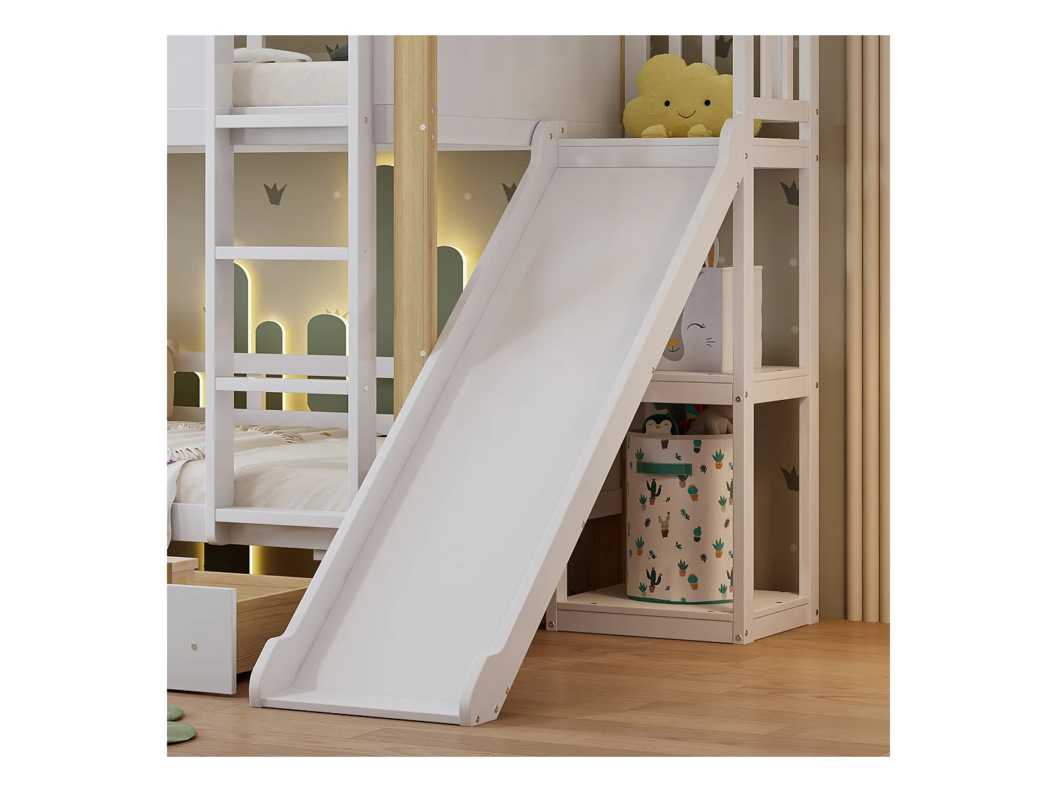 Lit superposé 90x200 cm - avec toboggan pour enfants - avec 2 tiroirs - avec des rideaux - Bois massif + MDF - Blanc + Naturel (sans matelas)