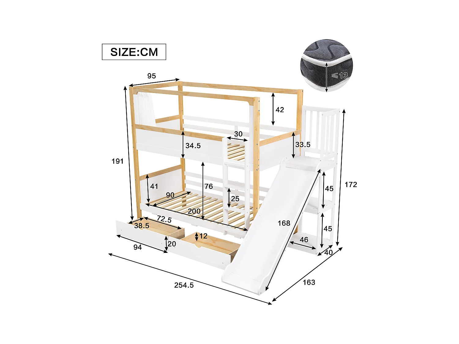 Lit superposé 90x200 cm - avec toboggan pour enfants - avec 2 tiroirs - avec des rideaux - Bois massif + MDF - Blanc + Naturel (sans matelas)