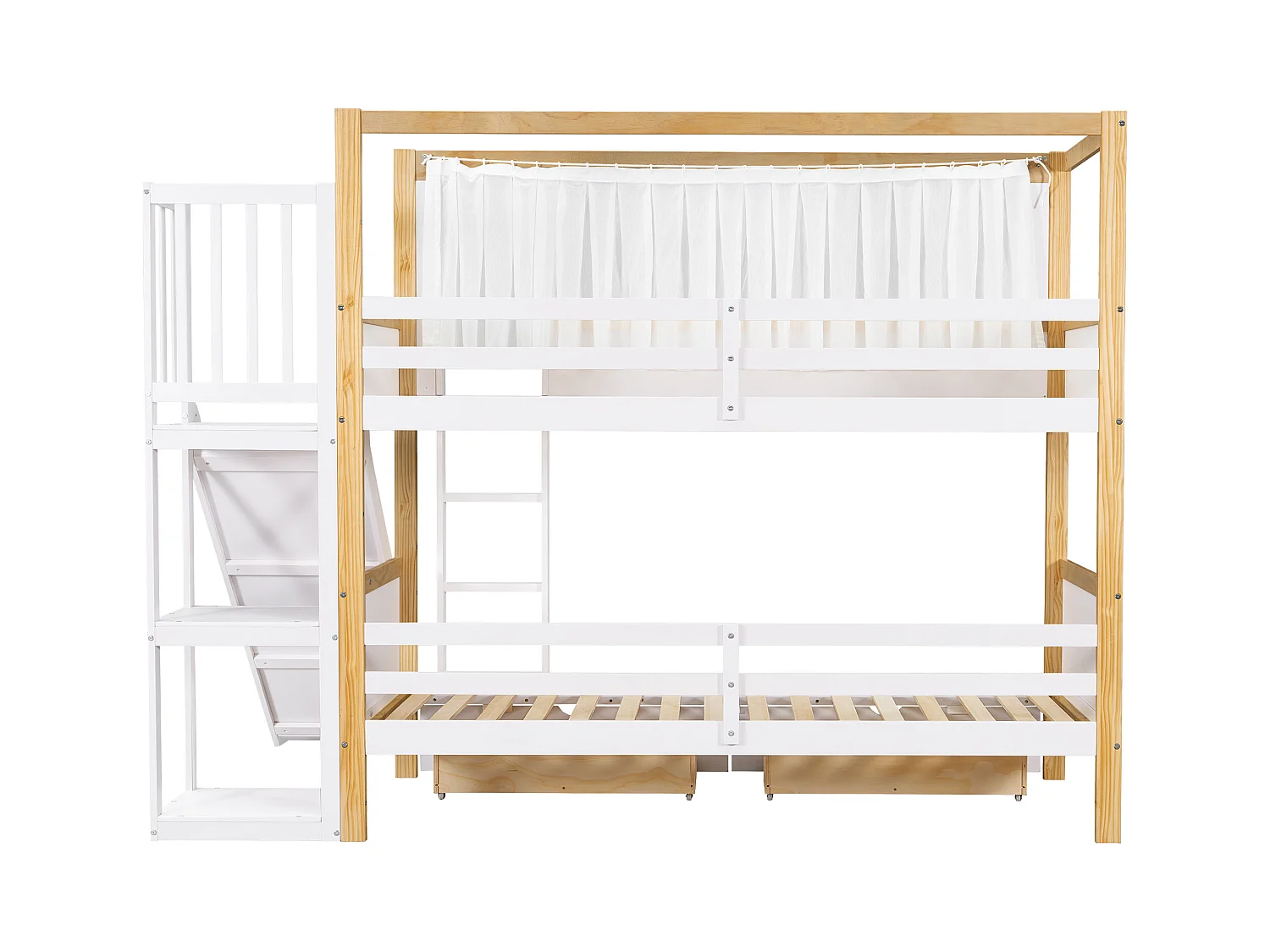 Lit superposé 90x200 cm - avec toboggan pour enfants - avec 2 tiroirs - avec des rideaux - Bois massif + MDF - Blanc + Naturel (sans matelas)