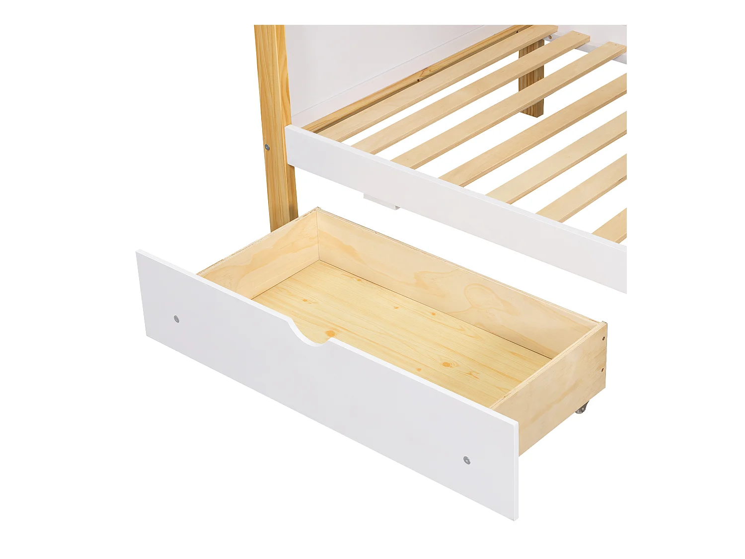 Lit superposé 90x200 cm - avec toboggan pour enfants - avec 2 tiroirs - avec des rideaux - Bois massif + MDF - Blanc + Naturel (sans matelas)