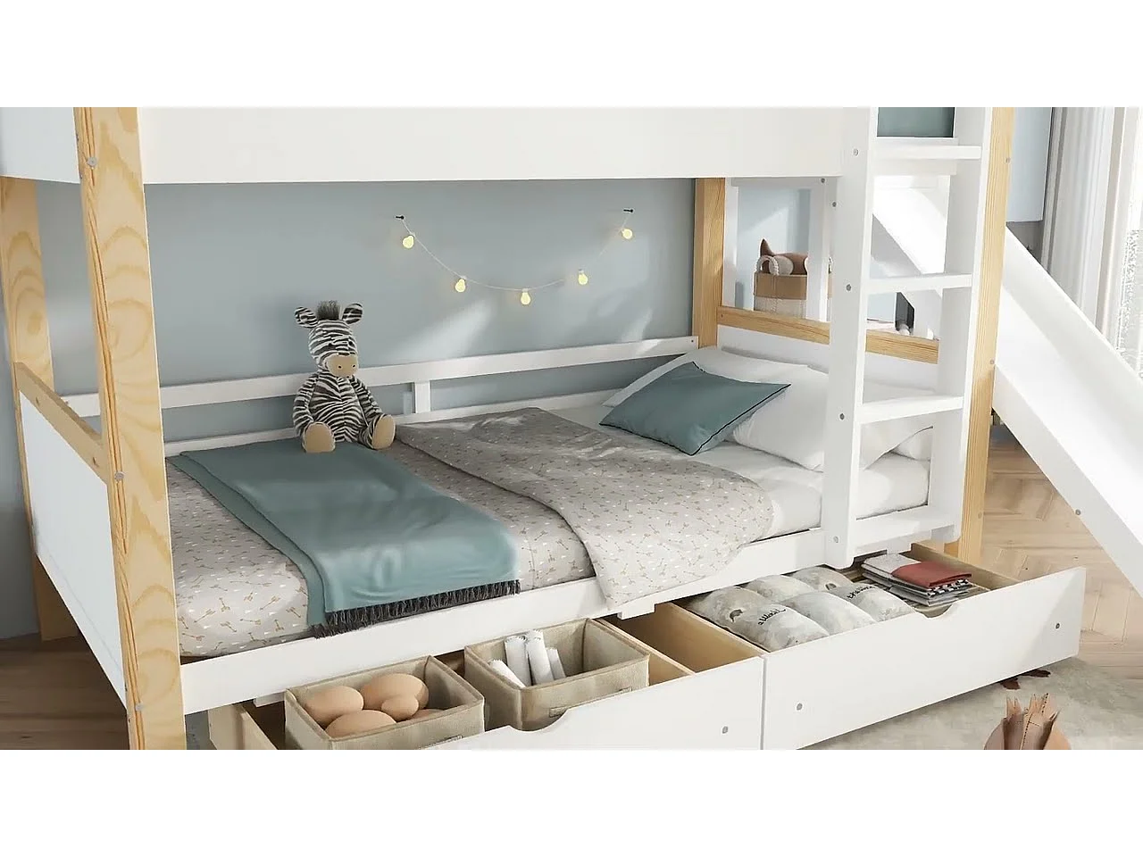 Lit superposé 90x200 cm - avec toboggan pour enfants - avec 2 tiroirs - avec des rideaux - Bois massif + MDF - Blanc + Naturel (sans matelas)